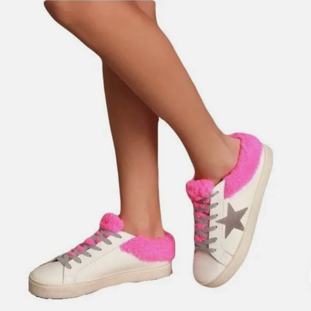 Steve Madden Polaris White Leather & Pink Sherpa Lace-up Star Sneakers Shoes 8 - Picture 2 of 16